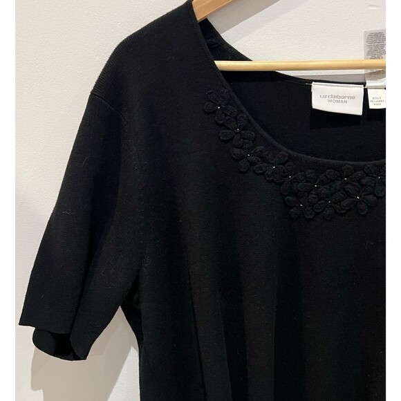 Liz Claiborne Woman's Black Linen Cotton Short Sleeve Sweater Floral Applique 2X - Picture 4 of 16